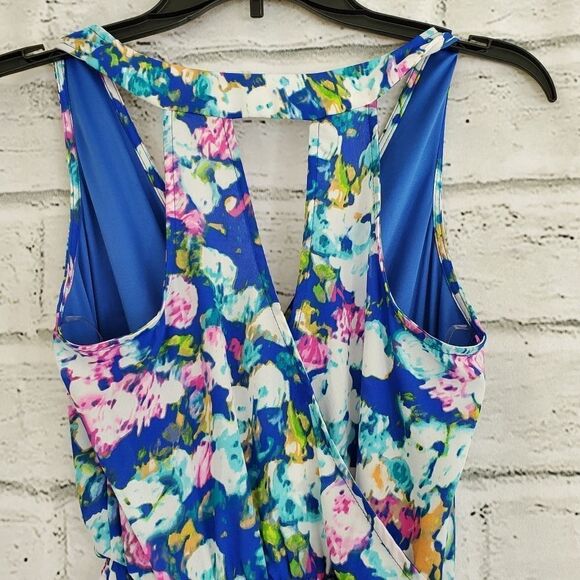 Lush Blue Floral Sleeveless Faux Wrap Dress - Picture 9 of 12